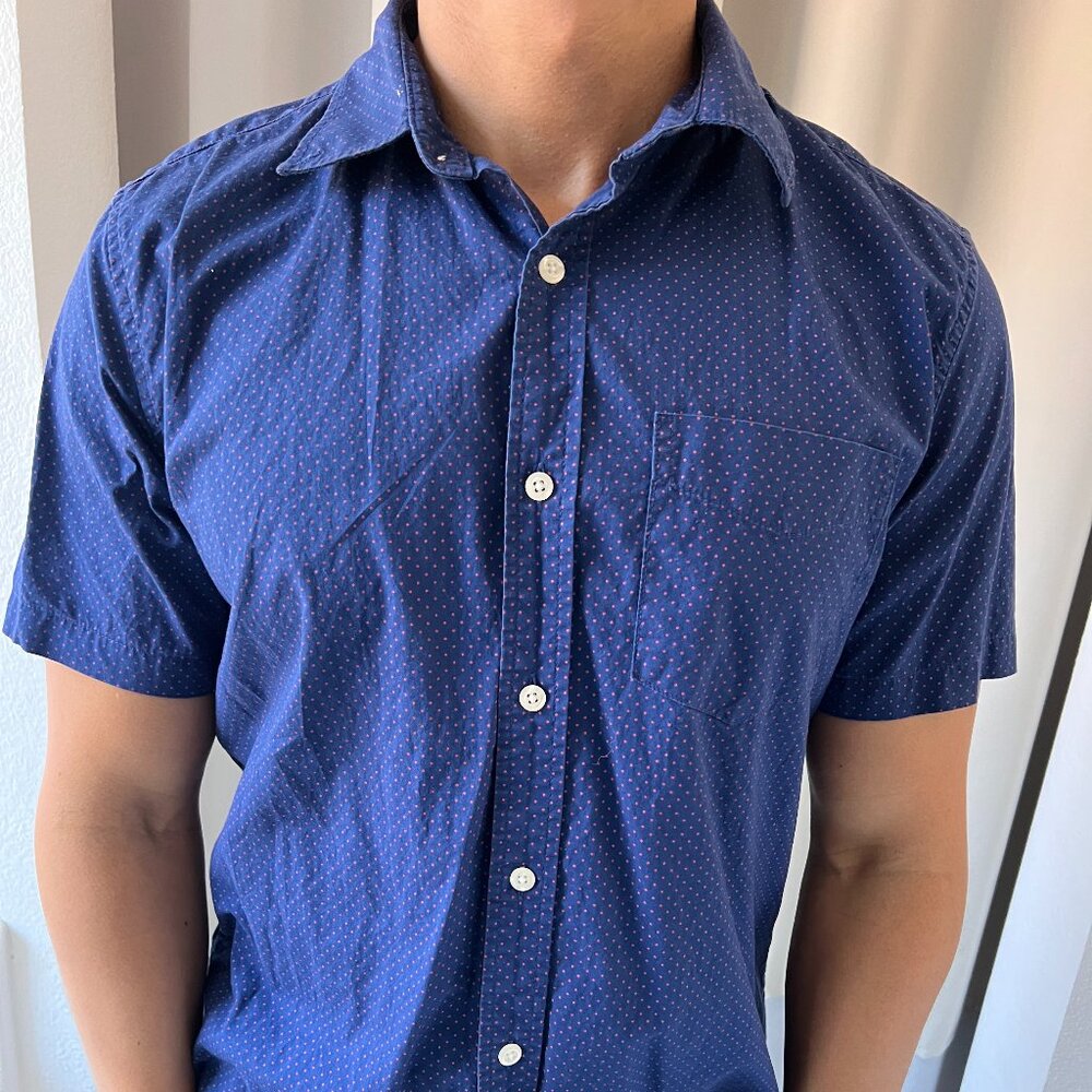Gap Short Sleeve Button Down - Navy, Pink Polka Dots